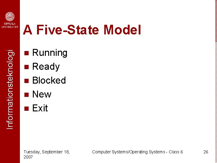 Informationsteknologi A Five-State Model Running n Ready n Blocked n New n Exit n