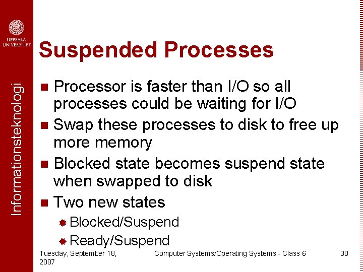 Informationsteknologi Suspended Processes Processor is faster than I/O so all processes could be waiting