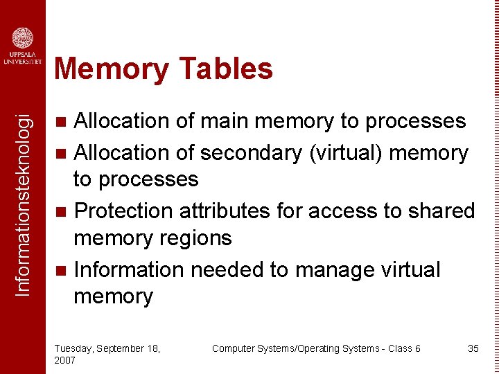 Informationsteknologi Memory Tables Allocation of main memory to processes n Allocation of secondary (virtual)