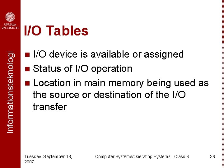 Informationsteknologi I/O Tables I/O device is available or assigned n Status of I/O operation