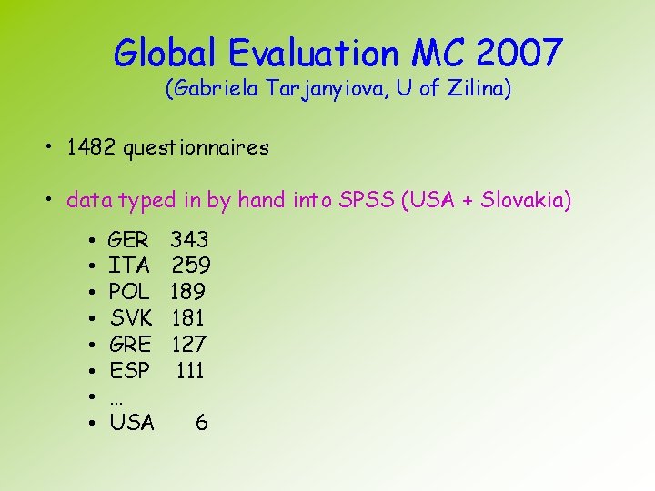 Global Evaluation MC 2007 (Gabriela Tarjanyiova, U of Zilina) • 1482 questionnaires • data