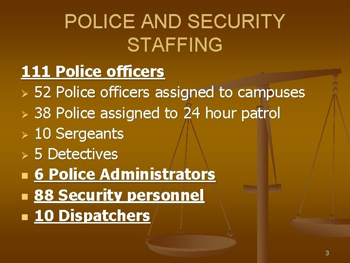 POLICE AND SECURITY STAFFING 111 Police officers Ø 52 Police officers assigned to campuses