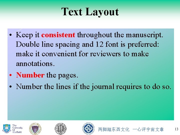 Text Layout • Keep it consistent throughout the manuscript. Double line spacing and 12