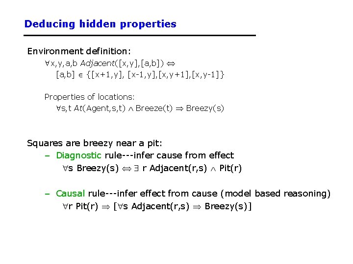 Deducing hidden properties Environment definition: x, y, a, b Adjacent([x, y], [a, b]) [a,