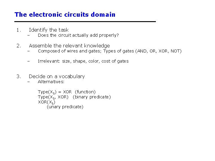 The electronic circuits domain 1. 2. 3. Identify the task – Does the circuit