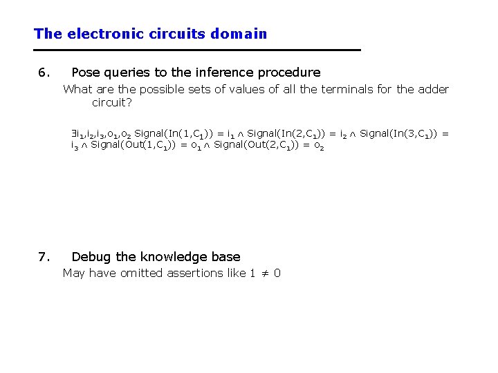 The electronic circuits domain 6. Pose queries to the inference procedure What are the