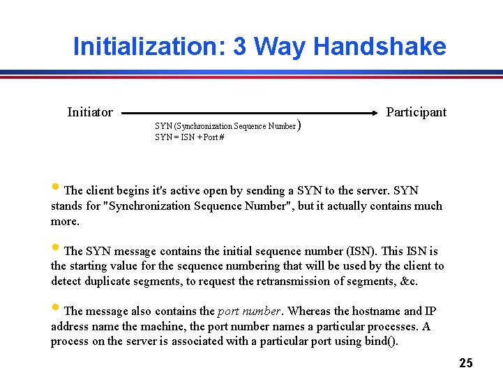 Initialization: 3 Way Handshake Initiator SYN (Synchronization Sequence Number SYN = ISN + Port