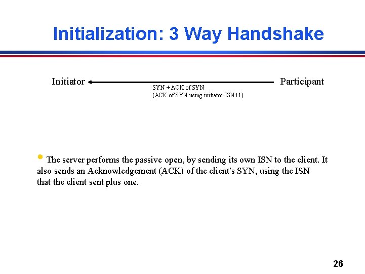 Initialization: 3 Way Handshake Initiator SYN + ACK of SYN (ACK of SYN using