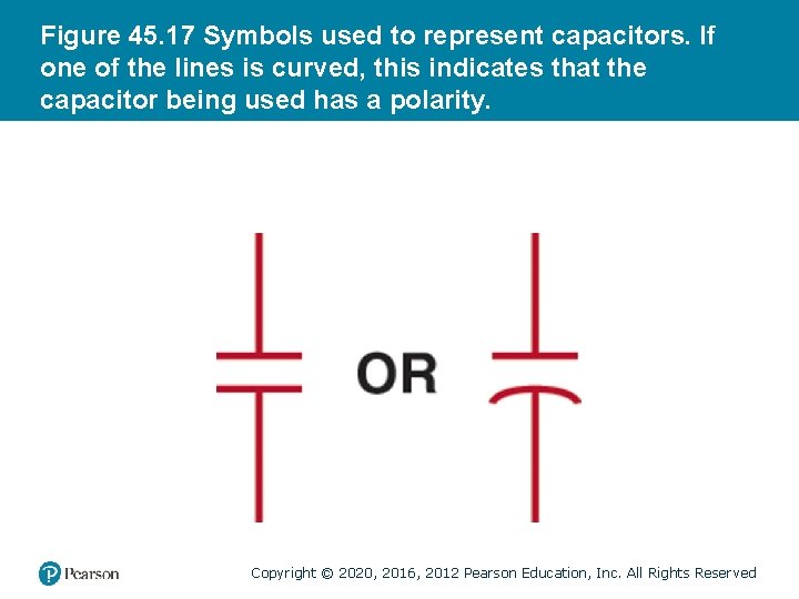 Figure 45. 17 Symbols used to represent capacitors. If one of the lines is