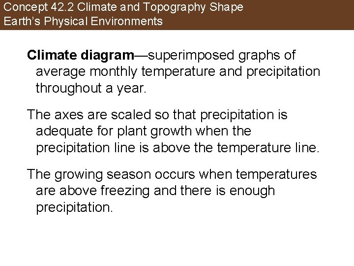 Concept 42. 2 Climate and Topography Shape Earth’s Physical Environments Climate diagram—superimposed graphs of