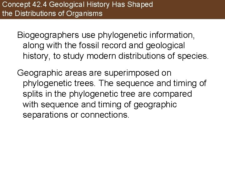 Concept 42. 4 Geological History Has Shaped the Distributions of Organisms Biogeographers use phylogenetic