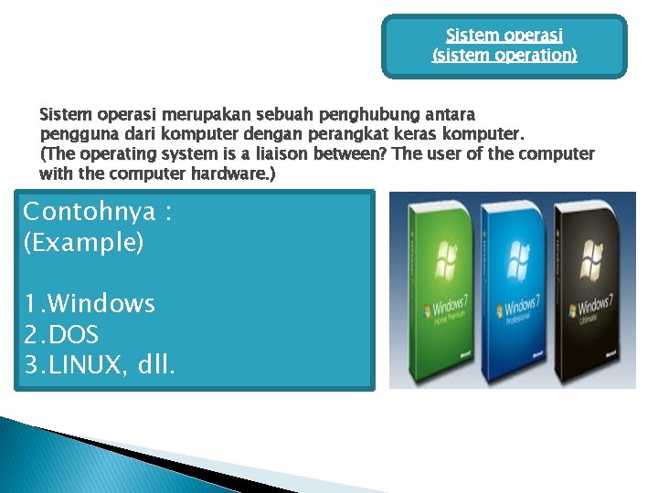 Sistem operasi (sistem operation) Sistem operasi merupakan sebuah penghubung antara pengguna dari komputer dengan Sistem operasi (sistem operation) Sistem operasi merupakan sebuah penghubung antara pengguna dari komputer dengan