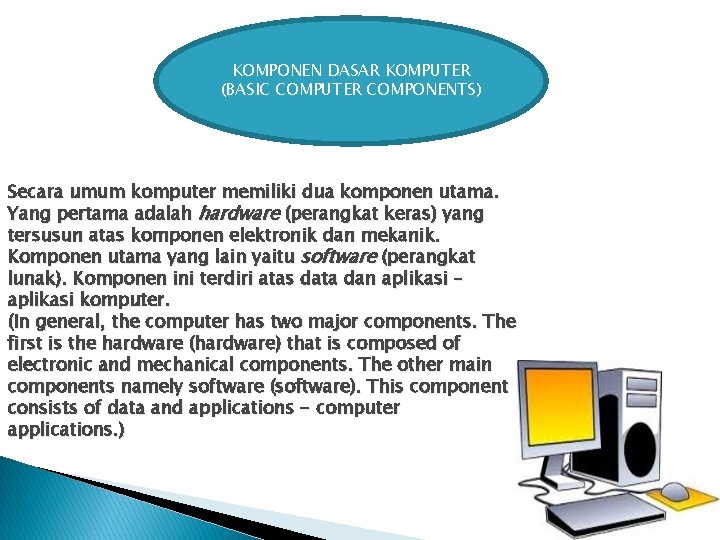 KOMPONEN DASAR KOMPUTER (BASIC COMPUTER COMPONENTS) Secara umum komputer memiliki dua komponen utama. Yang KOMPONEN DASAR KOMPUTER (BASIC COMPUTER COMPONENTS) Secara umum komputer memiliki dua komponen utama. Yang