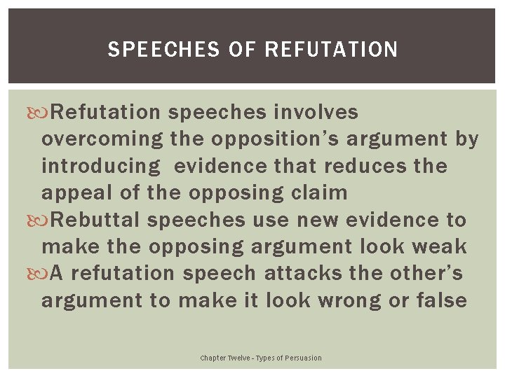 SPEECHES OF REFUTATION Refutation speeches involves overcoming the opposition’s argument by introducing evidence that