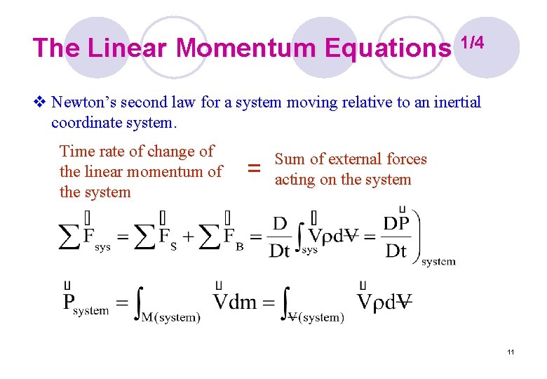 The Linear Momentum Equations 1/4 v Newton’s second law for a system moving relative The Linear Momentum Equations 1/4 v Newton’s second law for a system moving relative