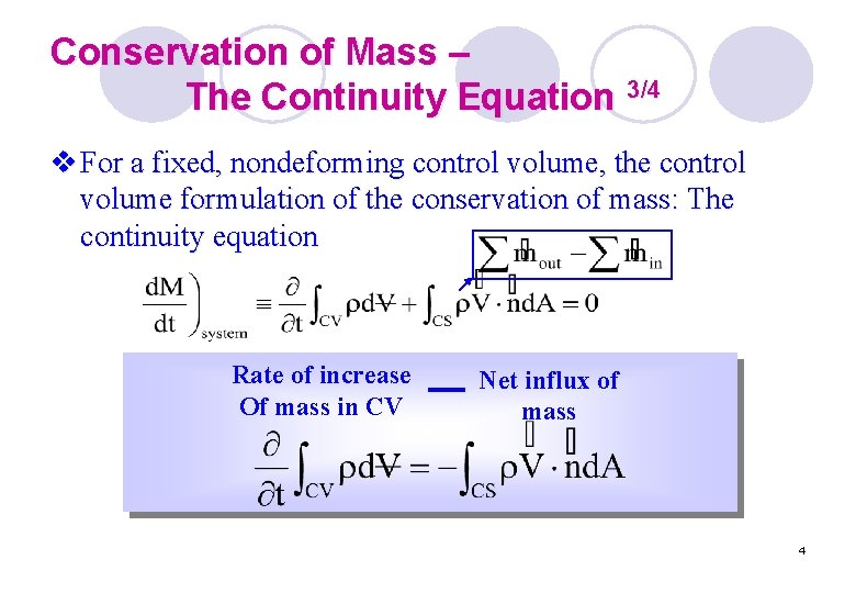 Conservation of Mass – The Continuity Equation 3/4 v For a fixed, nondeforming control Conservation of Mass – The Continuity Equation 3/4 v For a fixed, nondeforming control