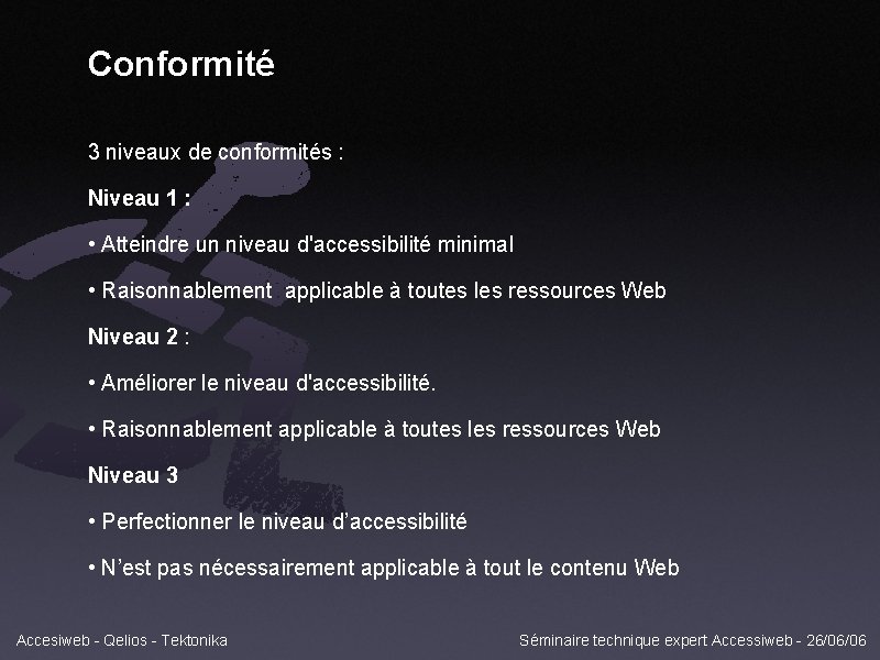 Conformité 3 niveaux de conformités : Niveau 1 : • Atteindre un niveau d'accessibilité