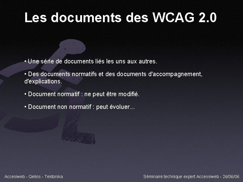 Les documents des WCAG 2. 0 • Une série de documents liés les uns