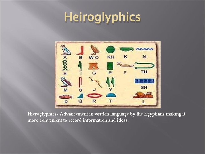 Heiroglyphics Hieroglyphics- Advancement in written language by the Egyptians making it more convenient to