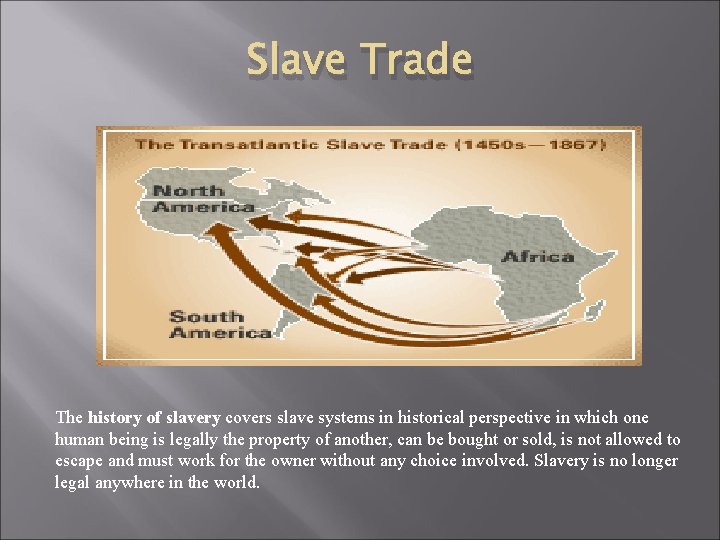 Slave Trade The history of slavery covers slave systems in historical perspective in which