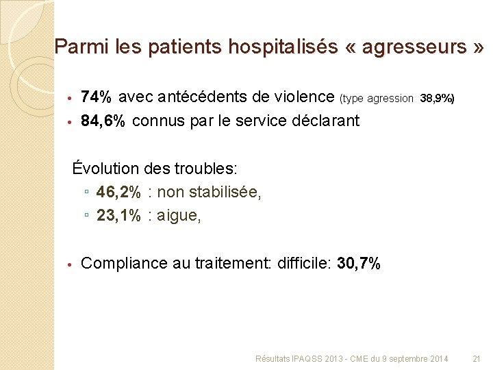 Parmi les patients hospitalisés « agresseurs » 74% avec antécédents de violence (type agression