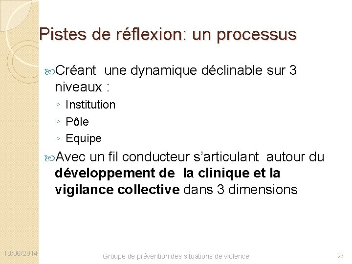 Pistes de réflexion: un processus Créant une dynamique déclinable sur 3 niveaux : ◦