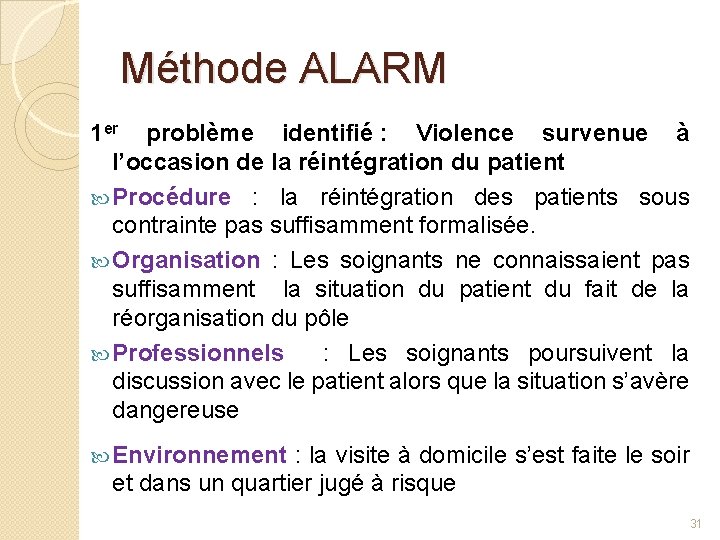 Méthode ALARM 1 er problème identifié : Violence survenue à l’occasion de la réintégration