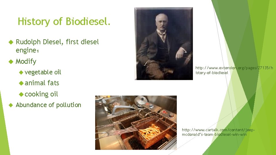 History of Biodiesel. Rudolph Diesel, first diesel engine₁ Modify vegetable animal fats cooking oil History of Biodiesel. Rudolph Diesel, first diesel engine₁ Modify vegetable animal fats cooking oil