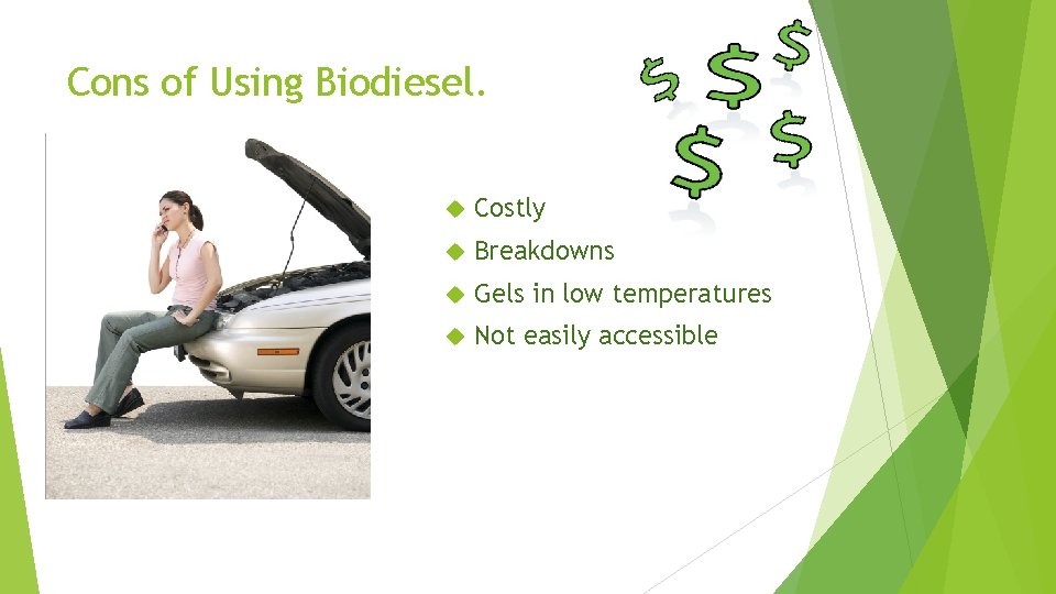 Cons of Using Biodiesel. Costly Breakdowns Gels in low temperatures Not easily accessible Cons of Using Biodiesel. Costly Breakdowns Gels in low temperatures Not easily accessible