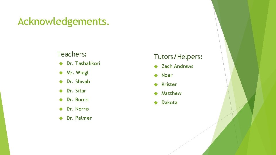 Acknowledgements. Teachers: Dr. Tashakkori Mr. Wiegl Dr. Shwab Dr. Sitar Dr. Burris Dr. Norris Acknowledgements. Teachers: Dr. Tashakkori Mr. Wiegl Dr. Shwab Dr. Sitar Dr. Burris Dr. Norris