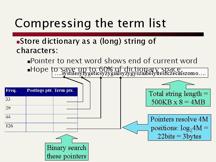 Compressing the term list Store dictionary as a (long) string of characters: n Pointer