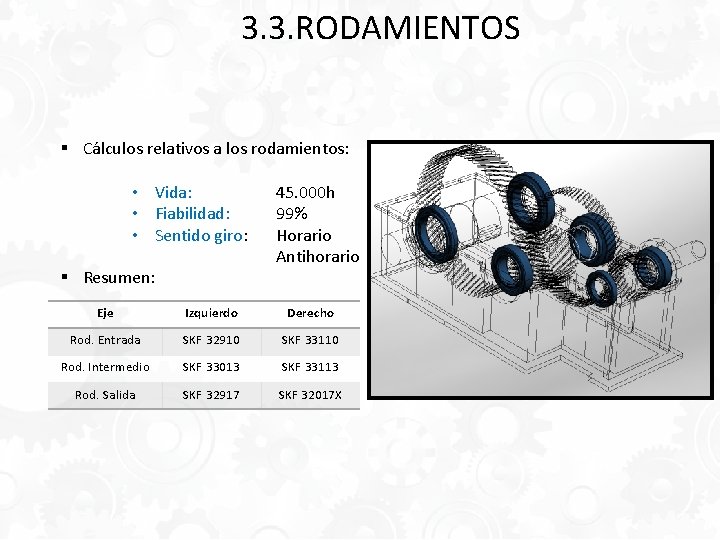 3. 3. RODAMIENTOS § Cálculos relativos a los rodamientos: • Vida: • Fiabilidad: •
