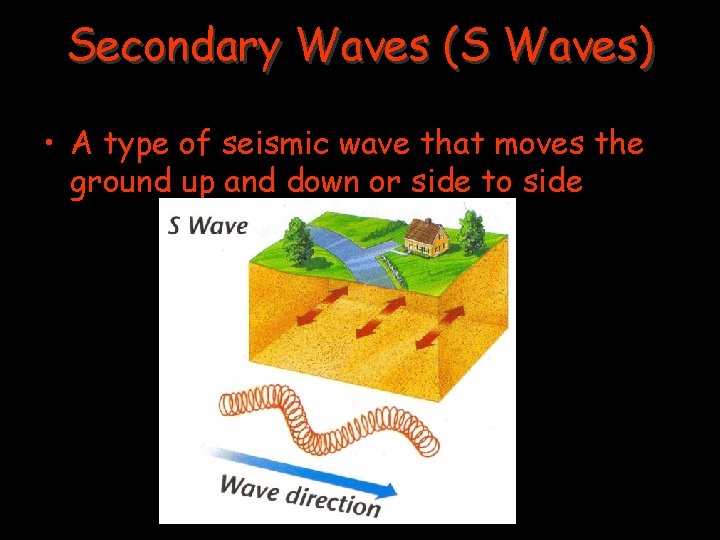 Secondary Waves (S Waves) • A type of seismic wave that moves the ground Secondary Waves (S Waves) • A type of seismic wave that moves the ground