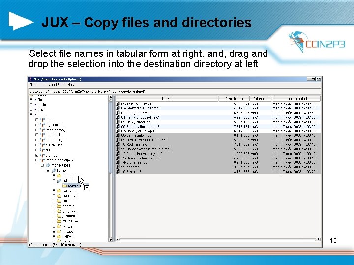 JUX – Copy files and directories Select file names in tabular form at right,