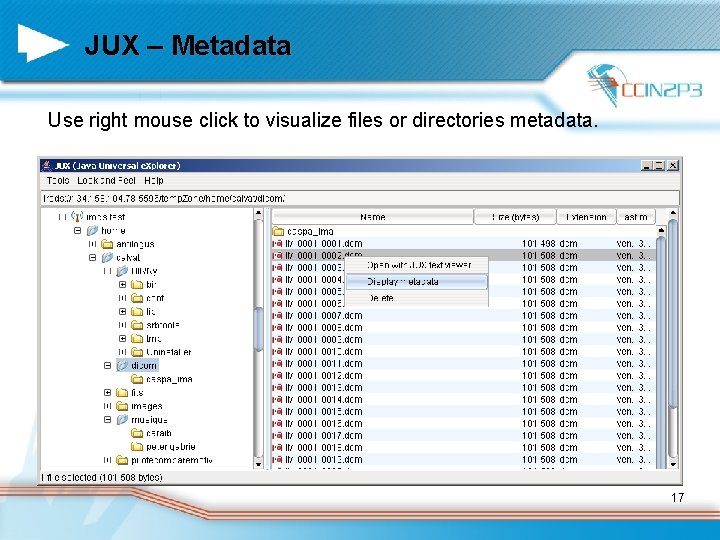 JUX – Metadata Use right mouse click to visualize files or directories metadata. 17
