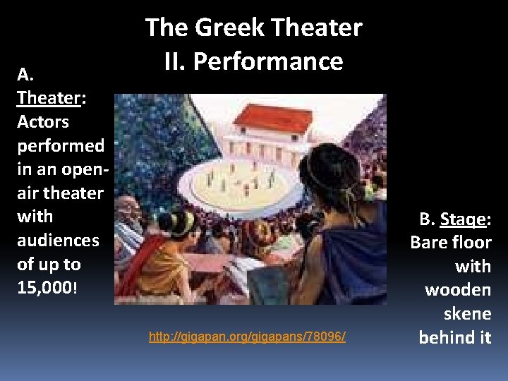 A. Theater: Actors performed in an openair theater with audiences of up to 15,
