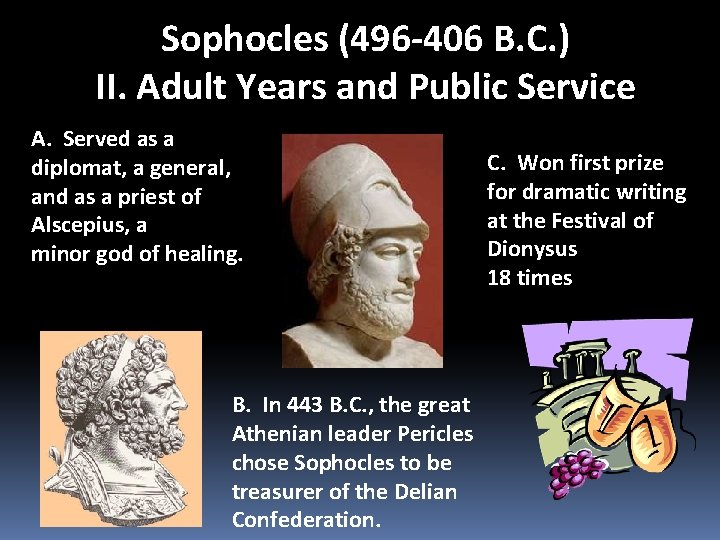Sophocles (496 -406 B. C. ) II. Adult Years and Public Service A. Served