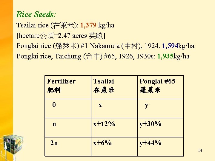 Rice Seeds: Tsailai rice (在萊米): 1, 379 kg/ha [hectare公頃=2. 47 acres 英畝] Ponglai rice