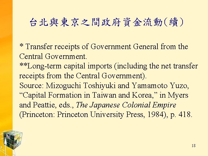 台北與東京之間政府資金流動(續) * Transfer receipts of Government General from the Central Government. **Long-term capital imports