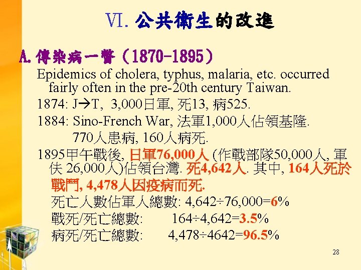 Ⅵ. 公共衛生的改進 A. 傳染病一瞥（1870 -1895） Epidemics of cholera, typhus, malaria, etc. occurred fairly often