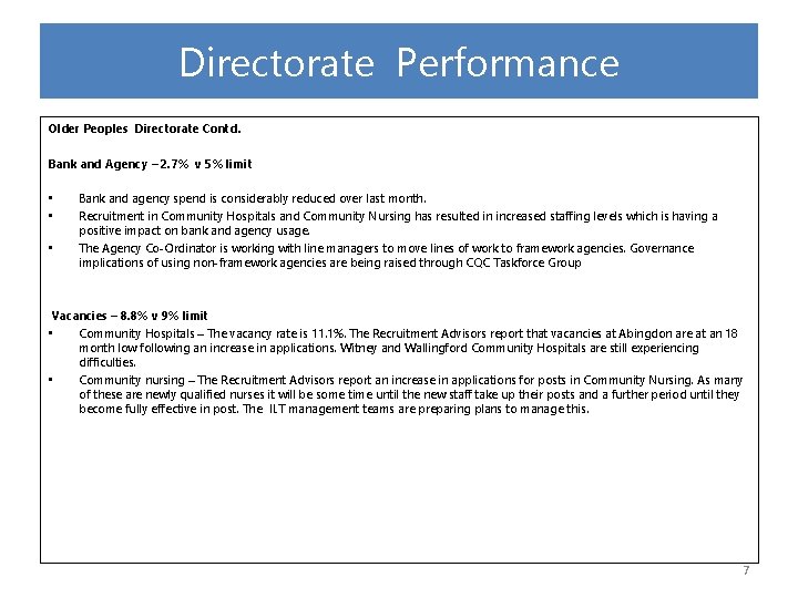 Directorate Performance Older Peoples Directorate Contd. Bank and Agency – 2. 7% v 5%