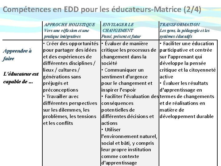 Compétences en EDD pour les éducateurs-Matrice (2/4) APPROCHE HOLISTIQUE Vers une réflexion et une