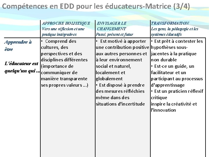 Compétences en EDD pour les éducateurs-Matrice (3/4) APPROCHE HOLISTIQUE Vers une réflexion et une