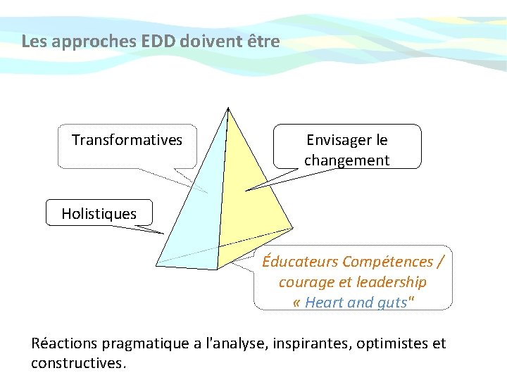 Les approches EDD doivent être Transformatives Envisager le changement Holistiques Éducateurs Compétences / courage