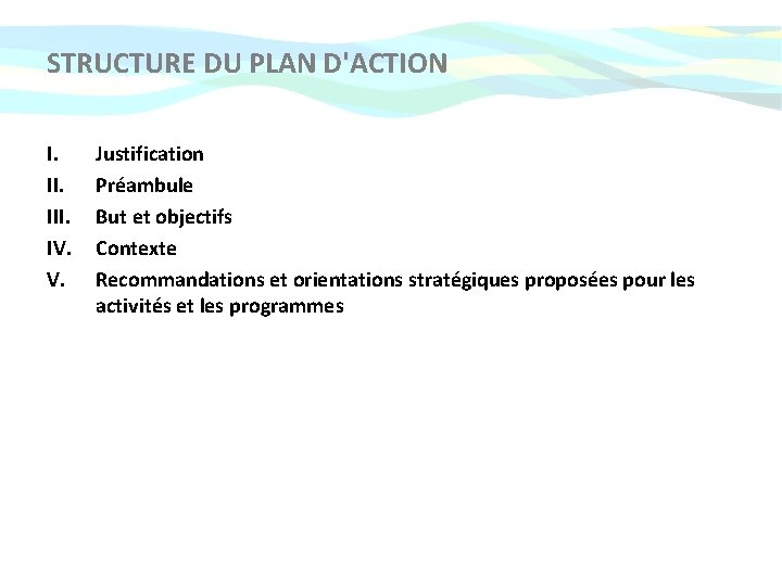 STRUCTURE DU PLAN D'ACTION I. III. IV. V. Justification Préambule But et objectifs Contexte