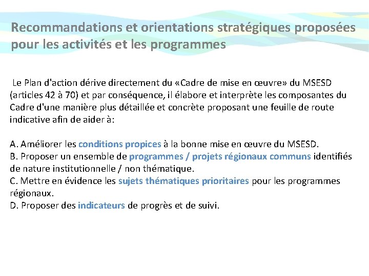 Recommandations et orientations stratégiques proposées pour les activités et les programmes Le Plan d'action