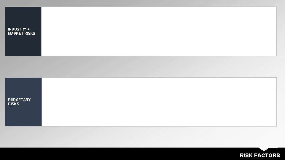 INDUSTRY + MARKET RISKS BUDGETARY RISKS RISK FACTORS 