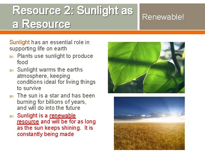 Resource 2: Sunlight as a Resource Sunlight has an essential role in supporting life