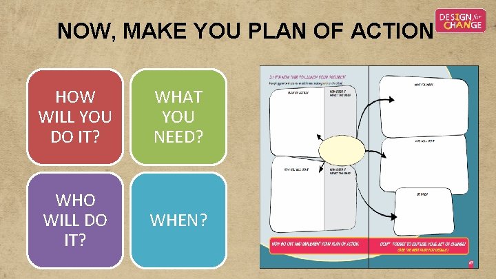 NOW, MAKE YOU PLAN OF ACTION HOW WILL YOU DO IT? WHAT YOU NEED? NOW, MAKE YOU PLAN OF ACTION HOW WILL YOU DO IT? WHAT YOU NEED?