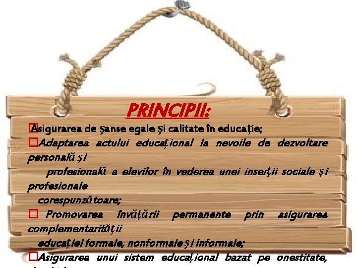 PRINCIPII: � Asigurarea de şanse egale şi calitate în educaţie; � Adaptarea actului educaţional